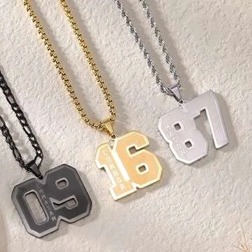 Dreamdecor Football Number Necklaces Custom Name Initial 00-99 Athletes Jersey Number Pendant Necklace with Customized Chains Personalized Baseball Jewelry Gifts for Men (18’’-24’’)