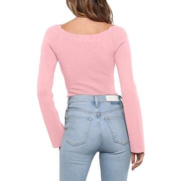 LILLUSORY Long Sleeve Corset Tops Womens Cowl Square Neck Classy Going Out Knit Sweater Teen Girl Y2K Winter Fitted Shirts Light Pink