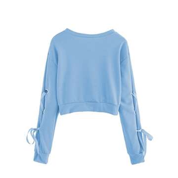 SweatyRocks Women's Casual Lace Up Long Sleeve Pullover Crop Top Sweatshirt Blue Medium