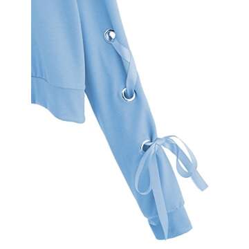 SweatyRocks Women's Casual Lace Up Long Sleeve Pullover Crop Top Sweatshirt Blue Medium