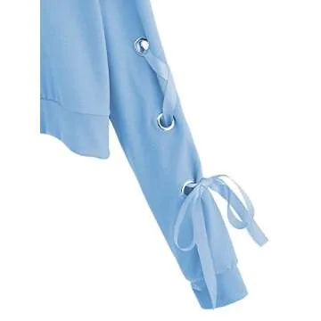 SweatyRocks Women's Casual Lace Up Long Sleeve Pullover Crop Top Sweatshirt Blue Medium