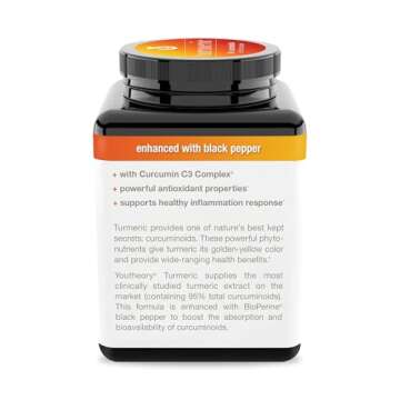Youtheory Turmeric Extra Strength - 1,000 mg Turmeric Supplement - with 10 mg Black Pepper - Curcumin Joint Support* - Soy, Dairy & Gluten Free - 180 Vegetarian Capsules