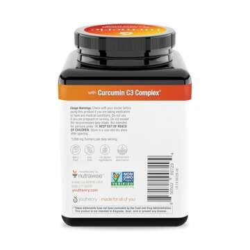 Youtheory Turmeric Extra Strength - 1,000 mg Turmeric Supplement - with 10 mg Black Pepper - Curcumin Joint Support* - Soy, Dairy & Gluten Free - 180 Vegetarian Capsules