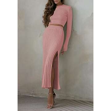 2 Piece Pleated Skirt Set Women Ribbed Knit Long Sleeve Crop Top High Waist Midi Skirts with Slit Peach Blossom S