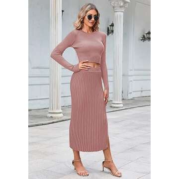 2 Piece Pleated Skirt Set Women Ribbed Knit Long Sleeve Crop Top High Waist Midi Skirts with Slit Peach Blossom S
