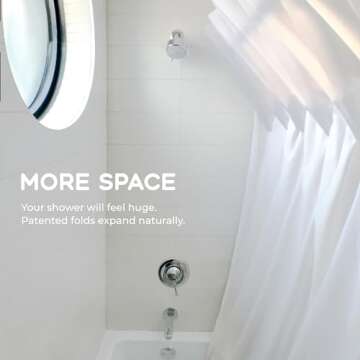 SPACE Expanding Shower System. 4-in-1 Set: Folding Expander + Pop-on Hoops + Machine Washable Curtai...