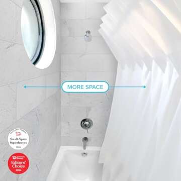 SPACE Expanding Shower System. 4-in-1 Set: Folding Expander + Pop-on Hoops + Machine Washable Curtain Liner + Splash Guards. Fits Shower Rods up to 60”W (White 80XL, 80XL)