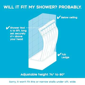 SPACE Expanding Shower System. 4-in-1 Set: Folding Expander + Pop-on Hoops + Machine Washable Curtain Liner + Splash Guards. Fits Shower Rods up to 60”W (White 80XL, 80XL)