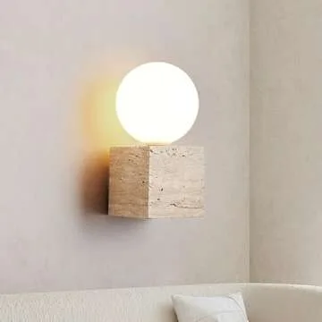 WFZRXFC Japanese Style Wabi Sabi Interior Stone Sconce Natural Yellow Travertine Wall Sconce G9 Household Round Glass Wall Lamp Wall Light for Kitchen Bedroom Living Room Vanity Fixture