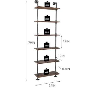 BOSURU Industrial Pipe Bookshelves Rustic Wood Ladder Bookshelf, Industrial Pipe Shelf for Living Ro...