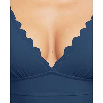 SOCIALA Scalloped One Piece Swimsuits for Women Padded High Cut Bathing Suits Backless V Neck Monokinis(Medium, Blue)
