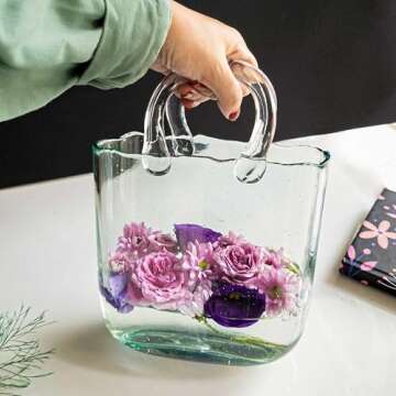 OLEEK Purse Vase for Flowers (Handmade) - 10 Inches Clear Glass Purse Vase - Cool & Cute vases for centerpieces, Fish Bowl - Unique Glass Handbag Flower vase Decorative - Wide Mouth Glass Purse