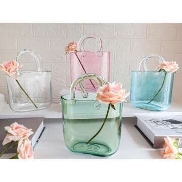 OLEEK Purse Vase for Flowers (Handmade) - 10 Inches Clear Glass Purse Vase - Cool & Cute vases for centerpieces, Fish Bowl - Unique Glass Handbag Flower vase Decorative - Wide Mouth Glass Purse
