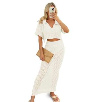 Saodimallsu Women Crochet Beach Cover Up Set Knit Crop Button Short Sleeve Collar Top Bodycon Long Skirt 2 Piece Outfits