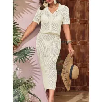 Saodimallsu Women Crochet Beach Cover Up Set Knit Crop Button Short Sleeve Collar Top Bodycon Long Skirt 2 Piece Outfits