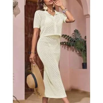 Saodimallsu Women Crochet Beach Cover Up Set Knit Crop Button Short Sleeve Collar Top Bodycon Long Skirt 2 Piece Outfits