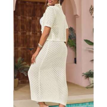 Saodimallsu Women Crochet Beach Cover Up Set Knit Crop Button Short Sleeve Collar Top Bodycon Long Skirt 2 Piece Outfits