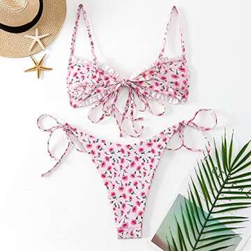 FEAPHY Women's String Bikini Frill Trim Tie Side Triangle Swimwear Two Piece Swimsuit (Flower-Light Pink, M)