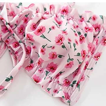 FEAPHY Women's String Bikini Frill Trim Tie Side Triangle Swimwear Two Piece Swimsuit (Flower-Light Pink, M)