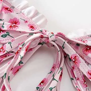 FEAPHY Women's String Bikini Frill Trim Tie Side Triangle Swimwear Two Piece Swimsuit (Flower-Light Pink, M)