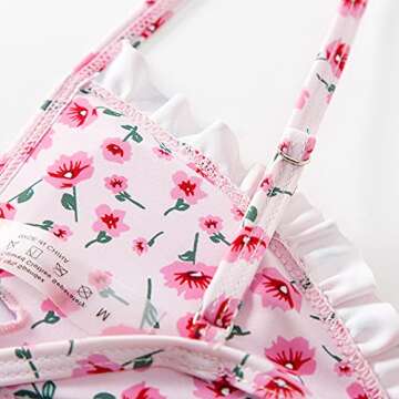 FEAPHY Women's String Bikini Frill Trim Tie Side Triangle Swimwear Two Piece Swimsuit (Flower-Light Pink, M)