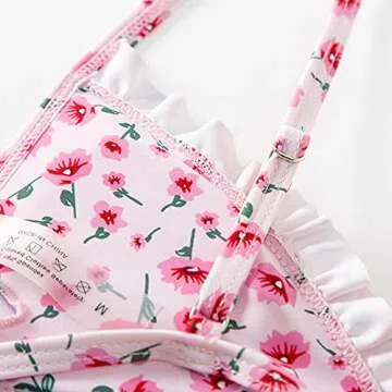 FEAPHY Women's String Bikini Frill Trim Tie Side Triangle Swimwear Two Piece Swimsuit (Flower-Light Pink, M)