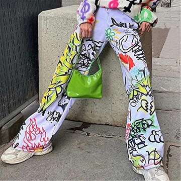 Women Baggy Hip Hop Pants 90s Athletic Graphic Drawstring Loose Jogger Cinch Bottom Sweatpants Streetwear (White, S)