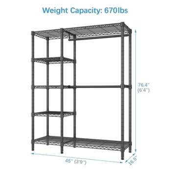 VIPEK V7 Basic Garment Rack for Hanging Clothes Heavy Duty Clothes Rack with Shelves, Portable Closet Rack Metal Clothing Rack 5 Tiers Freestanding Closet Wardrobe System, Max Load 670lbs, Black
