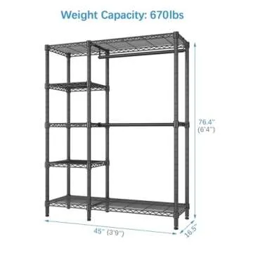 VIPEK V7 Basic Garment Rack for Hanging Clothes Heavy Duty Clothes Rack with Shelves, Portable Closet Rack Metal Clothing Rack 5 Tiers Freestanding Closet Wardrobe System, Max Load 670lbs, Black
