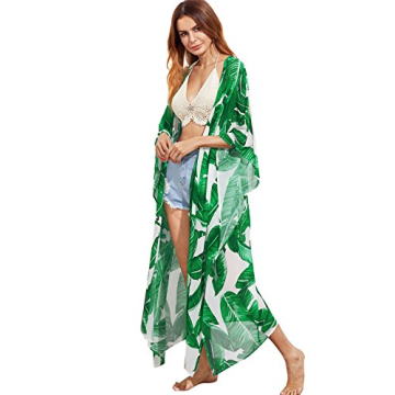SweatyRocks Women's Flowy Kimono Cardigan Open Front Maxi Dress Green X-Small