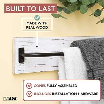 Ilyapa Rustic Towel Bar for Bathroom - Wall Mounted Towel Rack with White Weathered Wood & Black Metal Bar, Farmhouse Decor