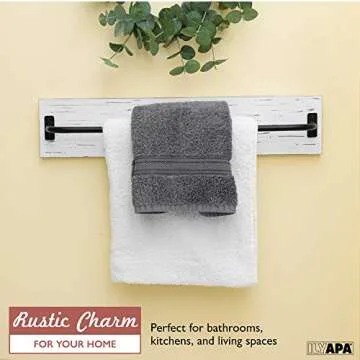 Ilyapa Rustic Towel Bar for Bathroom - Wall Mounted Towel Rack with White Weathered Wood & Black Metal Bar, Farmhouse Decor