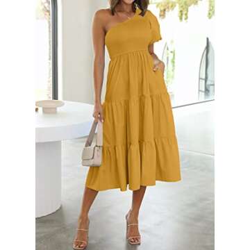ZESICA Women's Boho Summer One Shoulder Short Sleeve Smocked Side Split Ruffle Swing Midi Dress Ging...