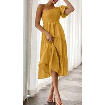 ZESICA Women's Boho Summer One Shoulder Short Sleeve Smocked Side Split Ruffle Swing Midi Dress Ginger S