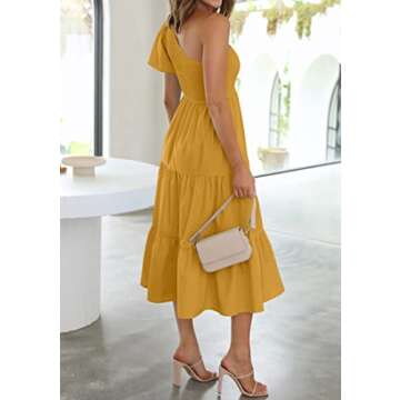 ZESICA Women's Boho Summer One Shoulder Short Sleeve Smocked Side Split Ruffle Swing Midi Dress Ginger S