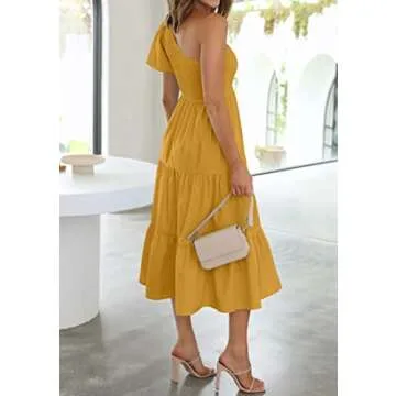 ZESICA Women's Boho Summer One Shoulder Short Sleeve Smocked Side Split Ruffle Swing Midi Dress Ginger S