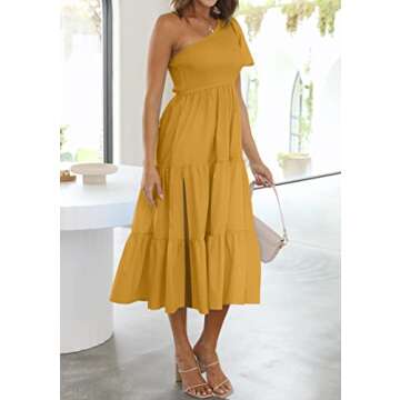 ZESICA Women's Boho Summer One Shoulder Short Sleeve Smocked Side Split Ruffle Swing Midi Dress Ginger S