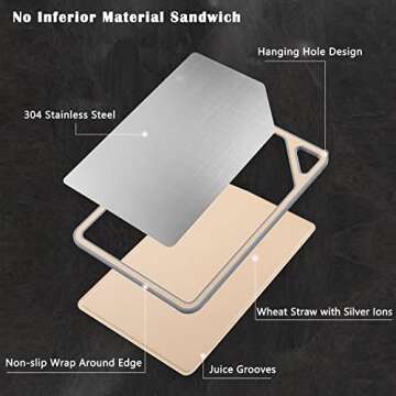 Holymood Double Sided Cutting Board with Juice Groove, Dishwasher Safe, 15.7 x 11 Inch, Stainless Steel and Wheat Straw Chopping Board with Easy Grip Handle, BPA Free, Knife friendly
