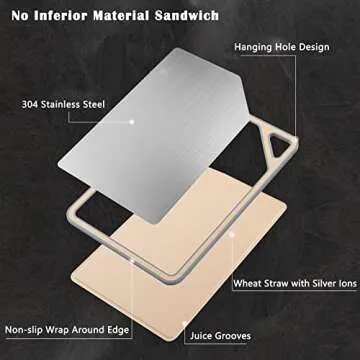 Holymood Double Sided Cutting Board with Juice Groove, Dishwasher Safe, 15.7 x 11 Inch, Stainless Steel and Wheat Straw Chopping Board with Easy Grip Handle, BPA Free, Knife friendly