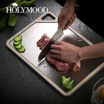 Holymood Double Sided Cutting Board with Juice Groove, Dishwasher Safe, 15.7 x 11 Inch, Stainless Steel and Wheat Straw Chopping Board with Easy Grip Handle, BPA Free, Knife friendly