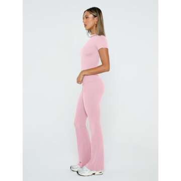 Trendy Queen Lounge Sets For Women 2 Piece Casual Y2K Outfits Short Sleeve Cropped Tops Fold Over Flare Pants Tracksuits Pink S