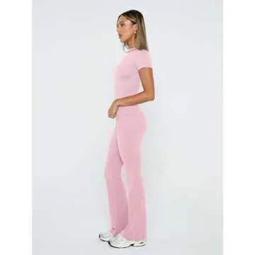 Trendy Queen Lounge Sets For Women 2 Piece Casual Y2K Outfits Short Sleeve Cropped Tops Fold Over Flare Pants Tracksuits Pink S