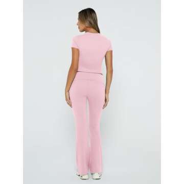 Trendy Queen Lounge Sets For Women 2 Piece Casual Y2K Outfits Short Sleeve Cropped Tops Fold Over Flare Pants Tracksuits Pink S