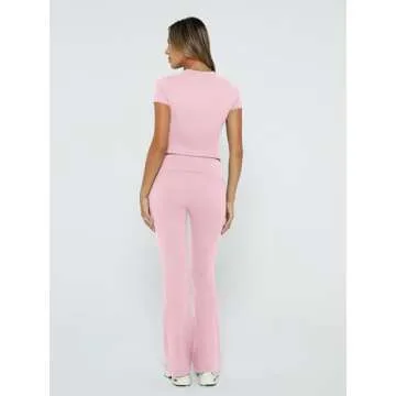 Trendy Queen Lounge Sets For Women 2 Piece Casual Y2K Outfits Short Sleeve Cropped Tops Fold Over Flare Pants Tracksuits Pink S