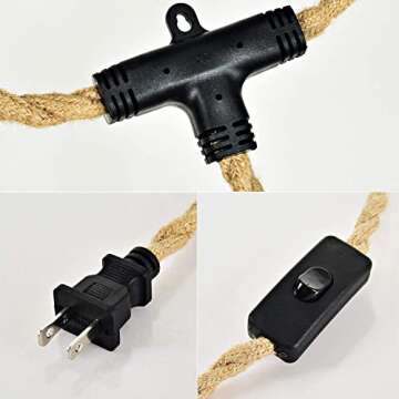 ALAISLYC 3 Light Plug in Pendant Lights Cord Hanging Lamp Kit with Switch 22 Ft Long Hemp Rope Farmhouse Pndant Light Cord Lighting Fixture Kits DIY Hanging Light