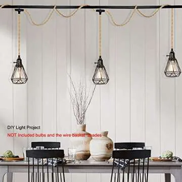 ALAISLYC 3 Light Plug in Pendant Lights Cord Hanging Lamp Kit with Switch 22 Ft Long Hemp Rope Farmhouse Pndant Light Cord Lighting Fixture Kits DIY Hanging Light