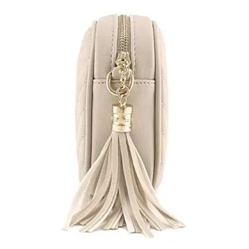 Simple Shoulder Crossbody Bag With Metal Chain Strap And Tassel Top Zipper (Beige)