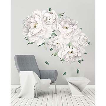 Murwall White Peony Wall Stickers Floral Decals for Bethroom Kitchen