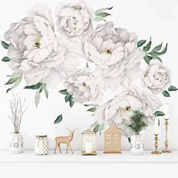 Murwall White Peony Wall Stickers Floral Decals for Bethroom Kitchen