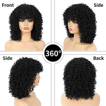 CLIONE Afro Curly Wigs for Black Women Kinky Curly Hair Wigs with Bangs Natural Black Short Curly Afro Wig Big Bouncy Fluffy Synthetic Heat Resistant Curly Afro Full Wigs for African Women (2#)